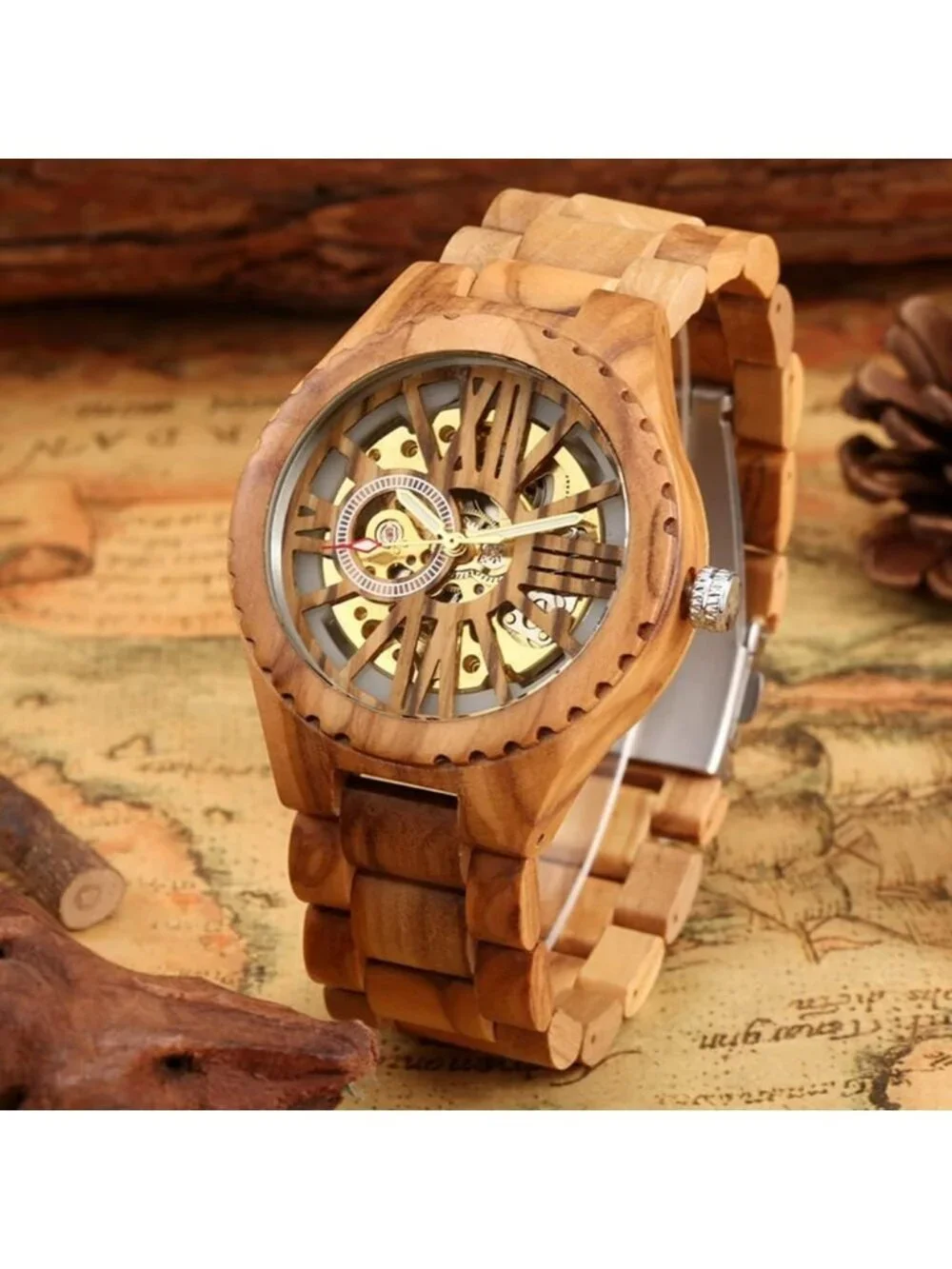 Men's Beige Analog Quartz No Battery Fashion Mechanical Movement Wooden Watch